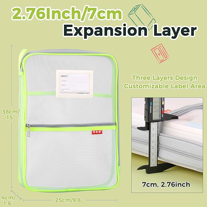 Pendancy Mesh Zipper Pouch 14.8x10.8 in Transparent Lightweight Nylon File Folders, A4 Size Multi-Layer Subject Document Organizer Accessories Storage Bag for Office and School Supplies(Yellow)