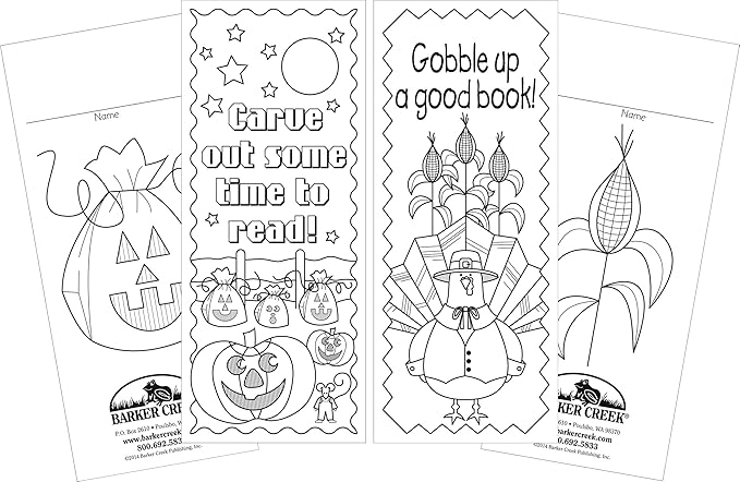Barker Creek Bookmark Duets, Color Me Celebrate Autumn, 2 Designs, Adult Coloring Book Style, Celebrate Autumn with these Fun Bookmarks, 60 Bookmarks, 30 each of 2 Designs, 2.5" x 6" (2189)