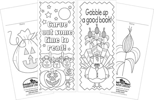 Barker Creek Bookmark Duets, Color Me Celebrate Autumn, 2 Designs, Adult Coloring Book Style, Celebrate Autumn with these Fun Bookmarks, 60 Bookmarks, 30 each of 2 Designs, 2.5" x 6" (2189)