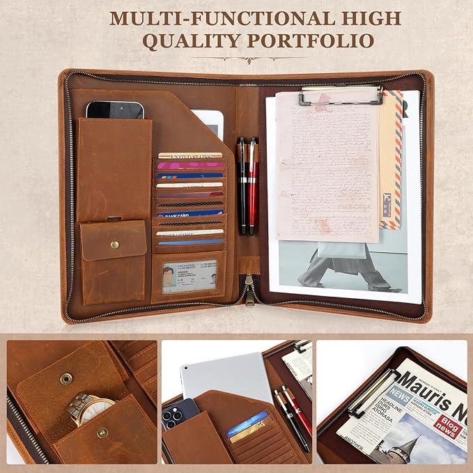 Full Grain Leather Portfolio Binder, Leather Padfolio Business Resume Legal Pad Notebook Binder for A4/Pad, Leather Folio Leather Folder, Writing Pad for Business School Office