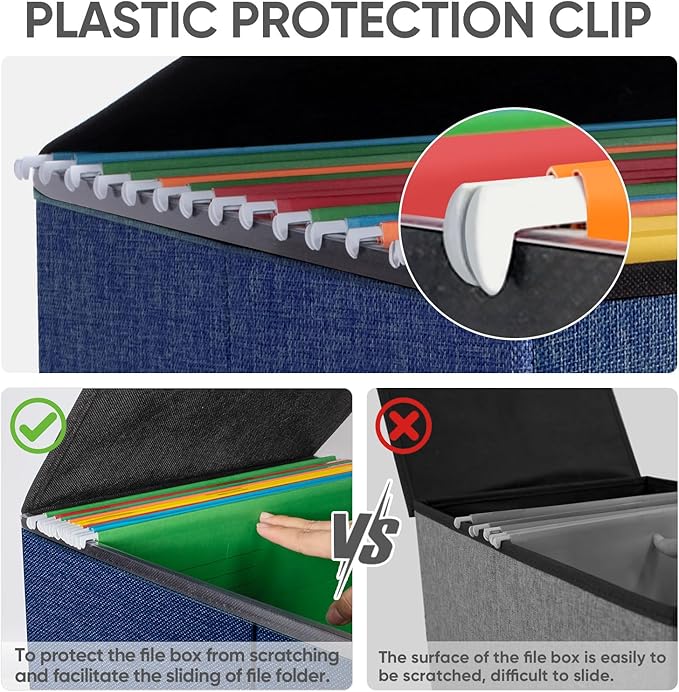 BALEINE File Organizer Box with Lid, Collapsible File Folder Organizer with Plastic Slide, Hanging File Folder Box for Office Document Storage (2 Pack, Blue)