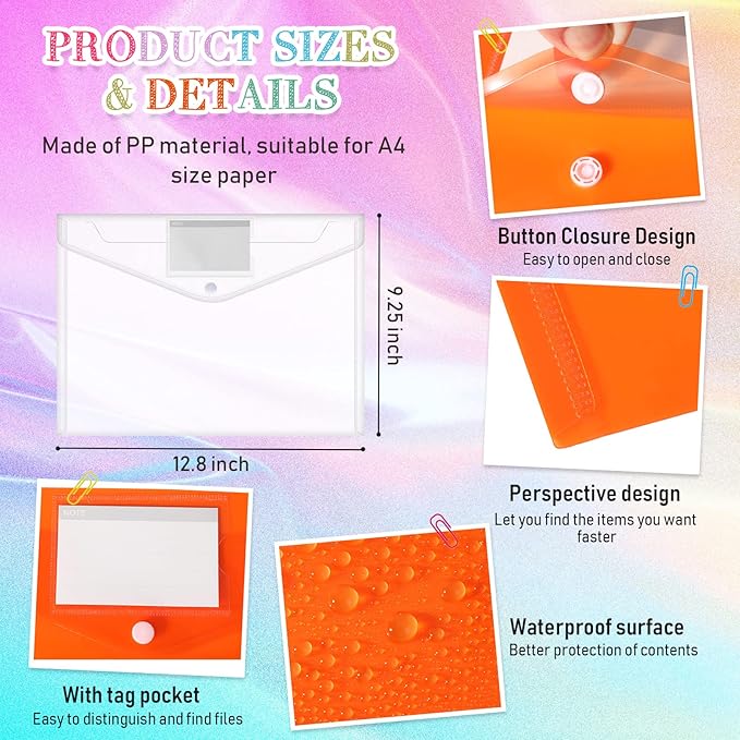 Zhehao 100 Pcs Clear Envelopes with Snap Button Closure A4 Letter Size Plastic Envelope Folder Poly Document File Folders for home Office(Multicolor,Pocket Style)