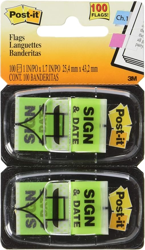 Post-it 680SD2 Sign and Date Message Flag, 1" x1-3/4, 100/PK, Green