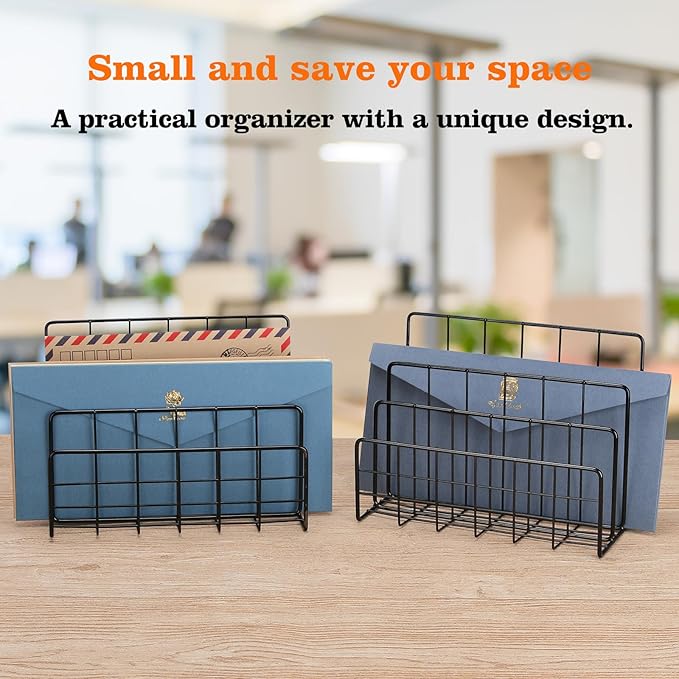 2 Pieces Desk Mail Organizer, Metal Mesh Small File Holders Letter Organizer, Bill/Document/Filing/Folders/Paper Organizer for Desktop (Metal-Black)