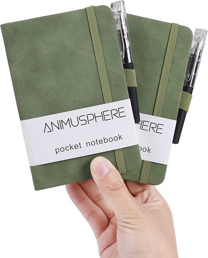 2Pack Pocket Notebook Small Notebook Journal Notebook 4 inches x 5.7 inches 200 Pages Leather Cover With Pen Holder Page Marker Ribbons (Green-withpen)