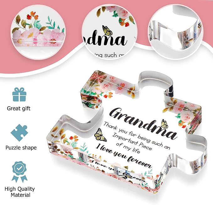 VELENTI Gifts for Grandma - Engraved Acrylic Puzzle Piece - Adorable Grandma Presents for Birthday, Christmas, Thanksgiving Paperweights - Elegant Decorative Plaque with Lovely Quote - Chic Home