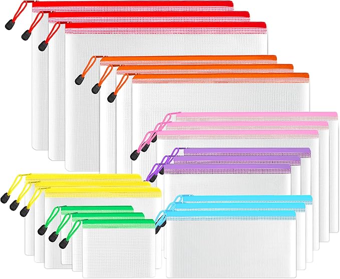 SUNEE Multisize Mesh Zipper Pouches (7 Colors, 21 Packs), Water-Resistant Zip Bag for School Office Supplies, Puzzles & Games Organizing Storage
