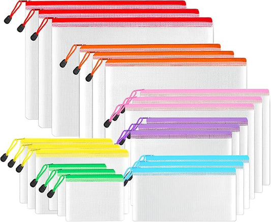 SUNEE Multisize Mesh Zipper Pouches (7 Colors, 21 Packs), Water-Resistant Zip Bag for School Office Supplies, Puzzles & Games Organizing Storage