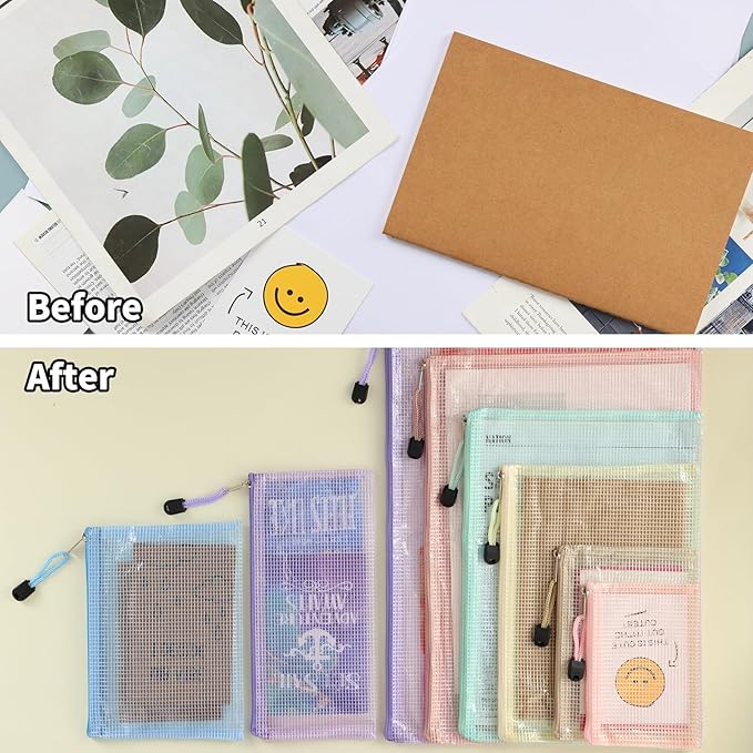 EOOUT 14pcs Mesh Zipper Pouch, 8 Sizes Waterproof Zipper Bags, 7 Colors Waterproof Plastic Document Pouch, Multipurpose for Travel Storage, Office Appliances, Home Organize