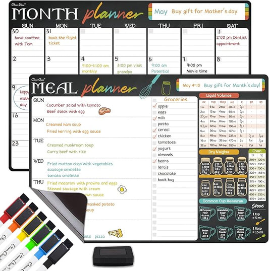 Magnetic Dry Erase Monthly Calendar And Menu Board - 17"x12" Monthly Planner and Meal Planning Board for Fridge - 6 Extra Fine Point Markers Included - Shipped Flat