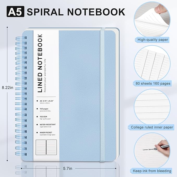 ABERLLS Blue Lined Spiral Journal Notebook with 160 Pages, 8×5.7in, A5 Spiral Notebook, Journaling Notebooks for Work, School, Women, Men, College Ruled Spiral Notebook, Hardcover Leather Journals