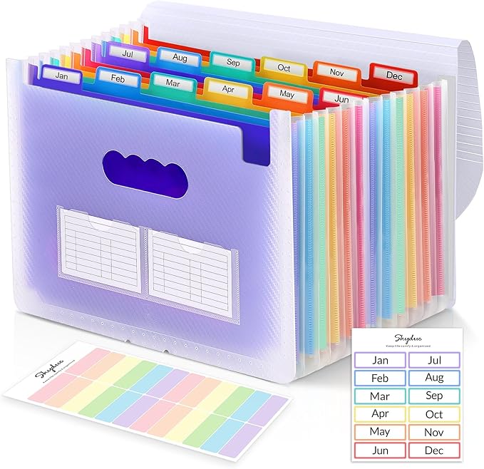 SKYDUE Accordion File Organizer, 12 Pockets File Folders, Letter Size Expanding File Folder with Colored Tabs and Expandable Cover (Transparent)