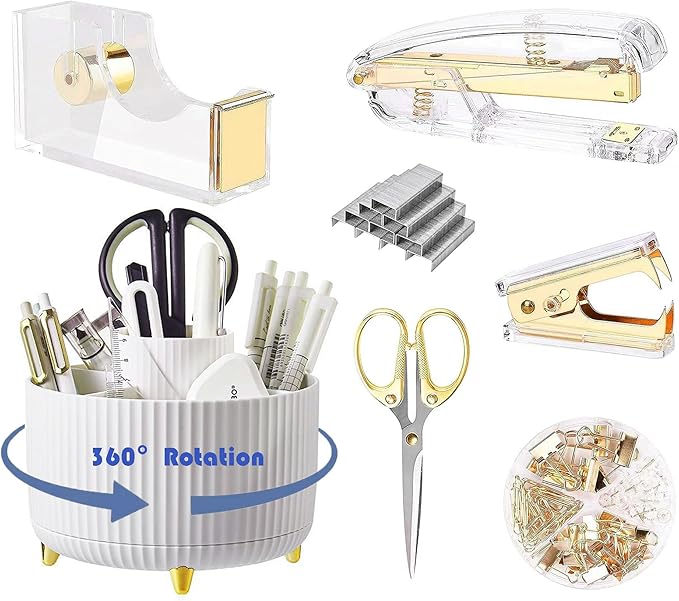 Desk Organizers and Accessories 7Pcs Set with 360-Degree Rotating Pen Holder, Acrylic Stapler, Tape Holder, Staple Remover, Binder/Paper Clips Kit, Scissor and 1 Box of Staples