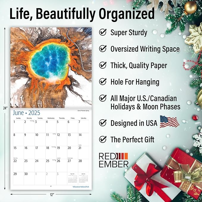 RED EMBER Yellowstone National Park 2025 Wall Calendar 12 Month | 12" x 24" Open | Thick & Sturdy Paper | Giftable | Calendar 2025