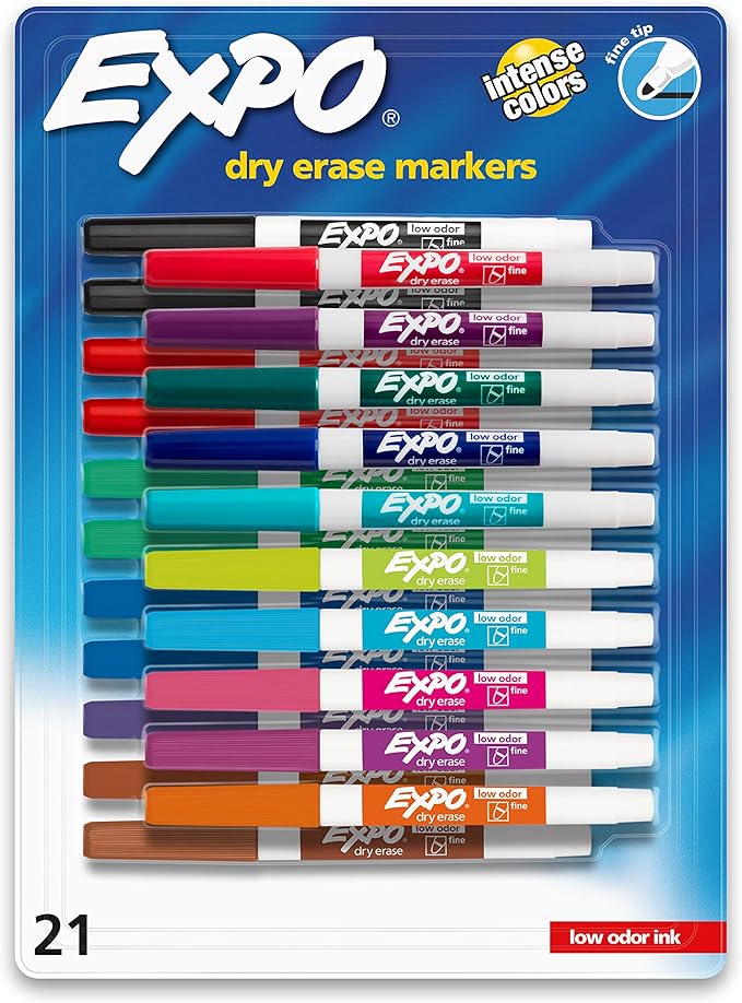 EXPO Dry Erase Markers, Whiteboard Markers with Low Odor Ink, Fine Tip, Assorted Vibrant Colors, 21 Count