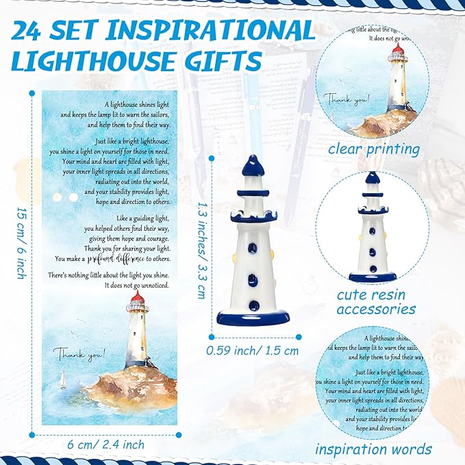 24 Set Positive Lighthouse Christmas Employee Coworkers Appreciation Gifts Bulk Lighthouse Pens Mini Resin Thank You Cards Bookmark Desk Accessories for Team Teacher Volunteer Staff
