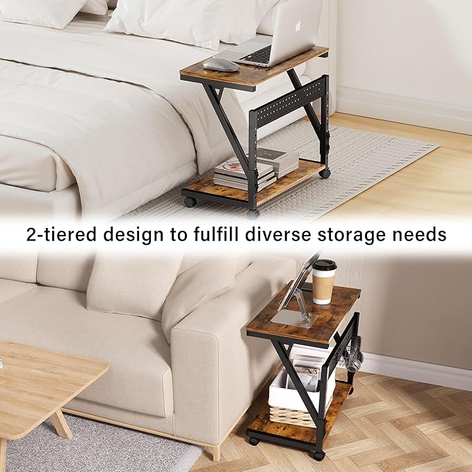 Computer Tower Cart - Height Adjustable PC Stand, 2-Tier ATX-Case CPU Holder Home Office Gaming Desk Accessories with Rolling Lockable Wheels, Laptop Table Standing Computer Desk, Rustic Brown