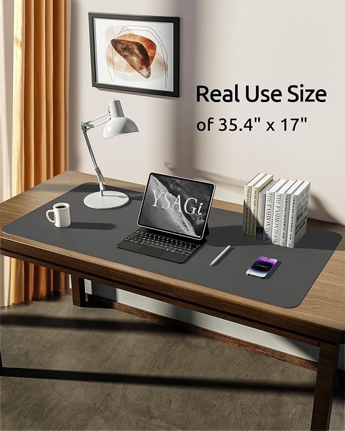 YSAGi Leather Desk Protector, Office Mat, Large Mouse Mat, Non-Slip PU Leather Blotter, Laptop Desk Pad, Waterproof Writing Pad for Office and Home (Dark Grey, 35.4" x 17")