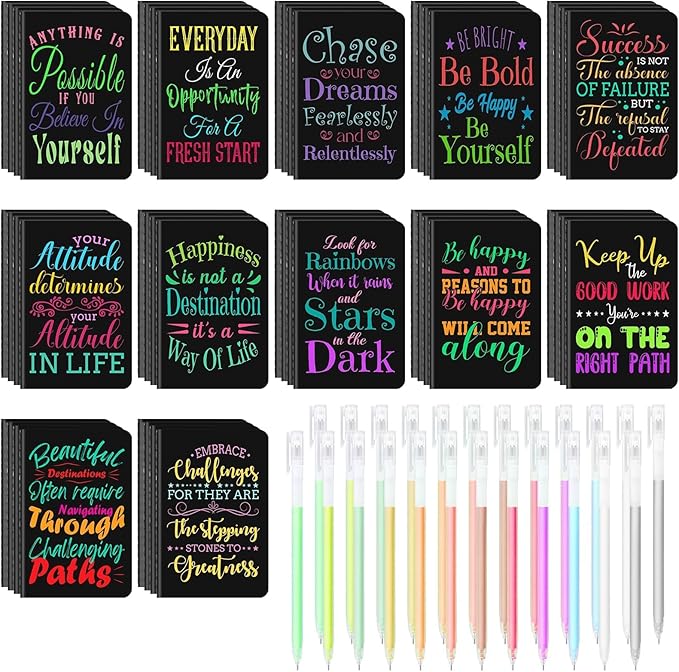 48 Pcs Mini Inspirational Notebooks Bulk with 48 Pcs Colorful Pens, Small Pocket Journal Notepads Set, Motivational Bulk Gifts for Women Men Teacher Student Kids, Fun School Office Supplies,3.5"x5.5"