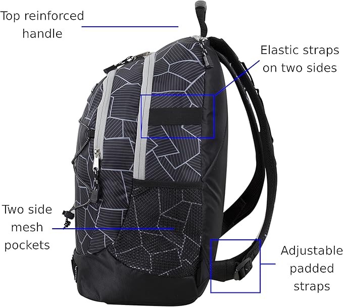 FUEL Hiking Backpack for Women Men Terra Sport, Travel, College, Gym, Work with Laptop Sleeve, Bungee, 18 Inches, Black Geometric