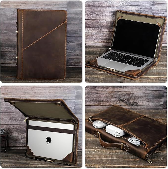 Top Grain Leather 14.2" Slim Laptop Zipper Folio Case, 2 Pockets Design, Compatible with MacBook Air 13" M2 A2681 M1 A2337 A2179 A1932/Pro 13" M2 M1 A2338 A2251 A2289 A2159, Coffee 14.2 Inch