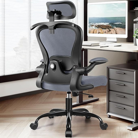 Office Chair, Ergonomic Office Chair with 3D Lumbar Support 3D Headrest, Comfy High Back Home Desk Chairs, Breathable Mesh Computer Chairs with Flip-Up Armrests & Hanger(Dark Gray)