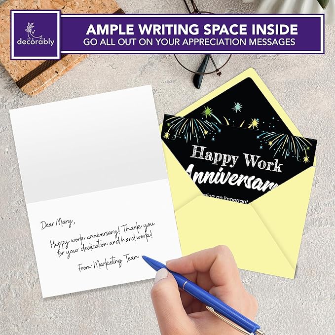 Decorably 24 Pack 6x4in Happy Work Anniversary Cards for Employees with Envelopes & Stickers, 8 Fireworks Designs Employee Anniversary Cards, Blank Inside
