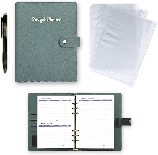 Budget Planner 12 Months Undated A5 Binder Pu Leather Hard Cover, Erasable Pen, Bill Organizer, Money Envelopes for Cash 12pcs Transparent Bags, Budget Binder with Silver Rings, Ideal Book Organizer