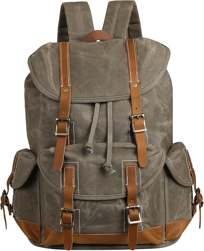 Backpack for Men Heavy Duty Waxed Canvas Vintage Women Trim Casual 15.6" laptop Travel Backpack-Olive green