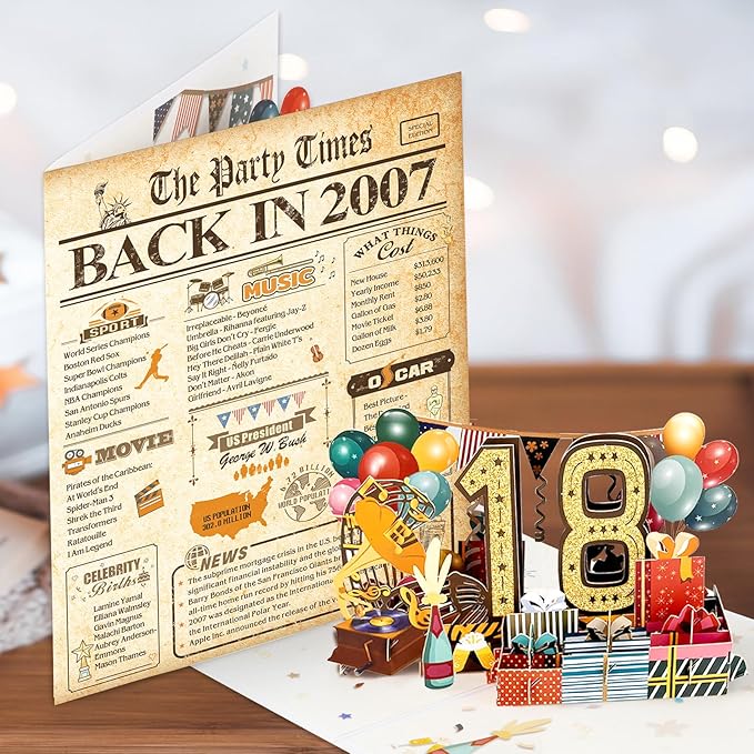 18th Birthday Card for Girls Boys, 3D Pop Up 18th Birthday Gifts Cards, Happy 18 Birthdays Decorations for 18 Year Old Son Daughter, Funny Back In 2007, Classy Vintage
