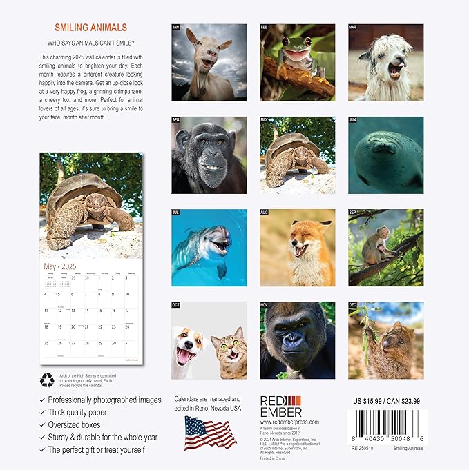 RED EMBER Smiling Animals 2025 Wall Calendar 12 Month | 12" x 24" Open | Thick & Sturdy Paper | Giftable | Calendar 2025