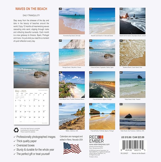 RED EMBER Waves on the Beach 2025 Wall Calendar 12 Month | 12" x 24" Open | Thick & Sturdy Paper | Giftable | Calendar 2025