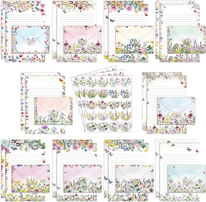 TaoBary 160 Packs Stationery Paper Set (50 Double Sided Stationery Writing Papers 50 Matching Envelopes) 60 Round Dot Sticker, 10 Design(Wildflower,5.5 x 8.25 Inch)