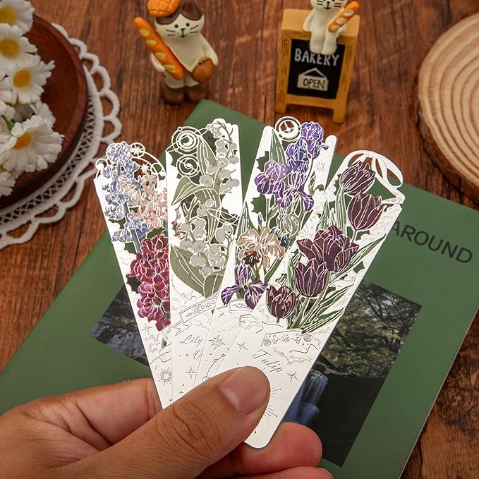 4 PCS Metal Bookmarks, Bookmarks for Reading Women, Pretty Bookmarks for Women, Metal Flower Bookmark, Iris, Tulip, Lily of The Valley, Violet Bookmark(BKM-062-001)