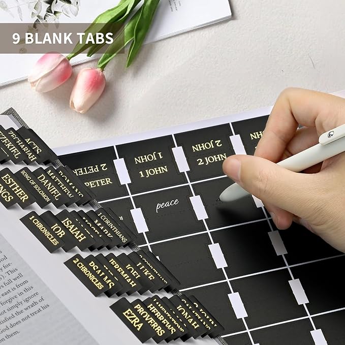 Bible Tabs for Women & Men, Laminated Bible Tabs for Study Bible, Large Print Bible Tabs for Easy Navigation, Bible Index Tabs, 66 Tabs Old & New Testament, Extra 9 Blank Tabs - Black