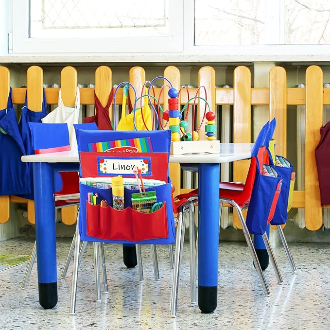 School Seat Chair with Storage Pocket Organizer, Label Slot, Multiple Pockets for School, Home, Classroom, Preschool, Daycare (Red+Blue)