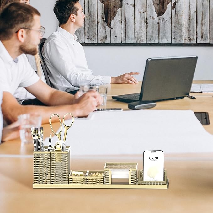 SUPEASY Pen Holder for Desk, 6 Piece Mesh Desk Organizer set, Desk Accessories for Office Organization with Mail Organizer, Letter Phone Holder, Sticky Notes Caddy Storage, Golden Yellow