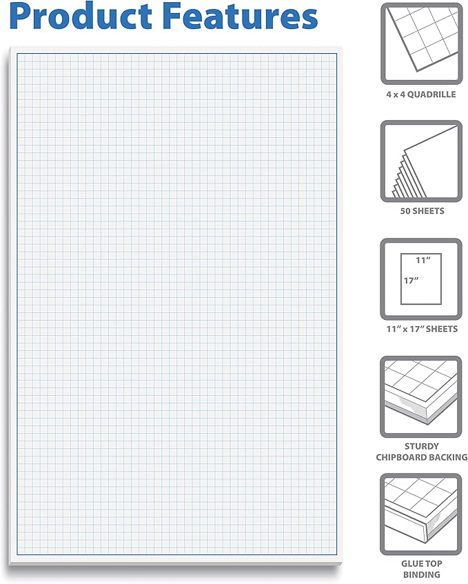 Graph Paper Pad, 17" x 11", 50 Sheets, Blue Line Border, Blueprint Paper, Double Sided, White, 4x4 Blue Quad Rule, Easy Tear Sheets, Grid Paper, Graph Paper by Better Office Products