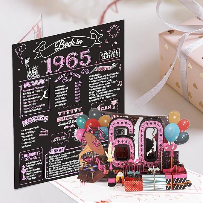 60th Birthday Card for Women, Jumbo 3D Pop Up 60th Birthday Gifts for Mom Grandma, Back In 1965 Happy 60 Year Old Sister Birthday Decorations Cards Card for Her, Rose Gold