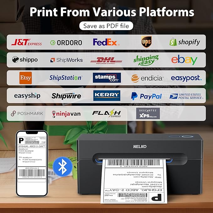 Nelko Bluetooth Thermal Shipping Label Printer, Wireless 4x6 Shipping Label Printer for Shipping Packages, Support Android, iPhone and Windows, Widely Used for Amazon, Ebay, Shopify, Etsy, USPS