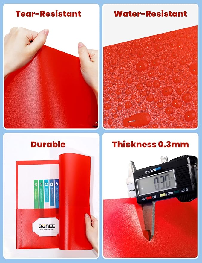 SUNEE 2 Pocket Folders (6 Pack, Red) Heavy-Duty Plastic Folders with Pockets, Fit 8.5x11 Letter Size Paper, 2-Pocket File Folders for Kids, Home, School, Office