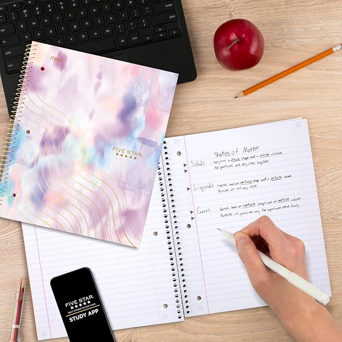 Five Star Spiral Notebook + Study App, 1 Subject, Wide Ruled, 8" x 10-1/2", 80 Sheets, Pastel Tie Dye (930210F-ECM)