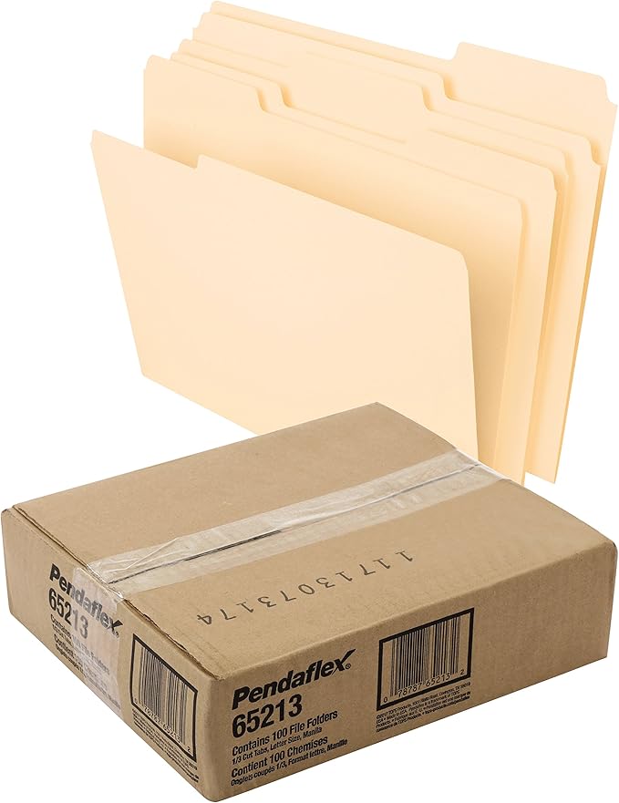 Pendaflex Recycled Hanging Folders, Letter Size, Black, 1/5 Cut, 25/BX (81605) & File Folders, Letter Size, 8-1/2" x 11", Classic Manila, 1/3-Cut Tabs in Left, Right, Center Positions, 100 Per Box