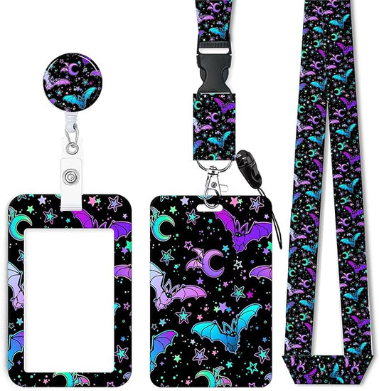 ID Badge Holder with Retractable Lanyard and Keychain, Badge Reel with Rotate Carabiner Clip,Colorful Bat Card Name Tag Lanyard ID Protector Bage Clips for Student, Women, Office