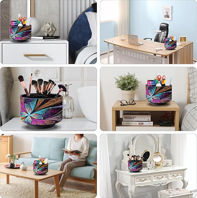 Remote Control Holder Round Leather Art Supply Organizer, PU Leather Pencil Stationery Desk Storage Makeup Organizer for Heater Controllers TV Remotes, 4 Compartments, 360 Degree Spinning