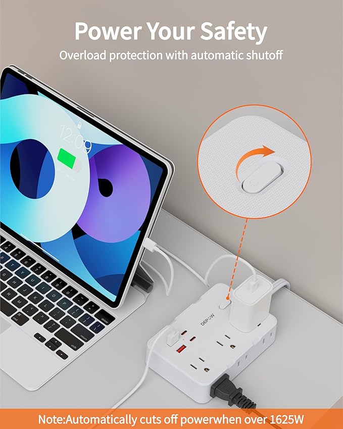 Surge Protector Power Strip with Flat Plug, 3 FT Extension Cord with 6 AC Outlets 4 USB Ports,1050J Surge Protection, Wall Mountable Charging Station for Office, Home, White