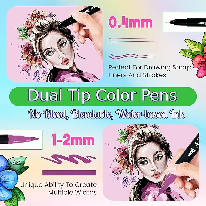 Dual Tip Brush Art Marker Pens, 80 Unique Bright Color, Water-Based Ink, Fineliner & Brush Tip Pens for Arts Lovers Coloring Drawing Book, Calligraphy Writing, Sketching and Doodling