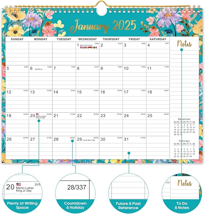 2025 Wall Calendar, Monthly Wall Calendar from January 2025 to June 2026, 11.5" x 14.7", Spiral Binding Hanging Wall Calendar, Perfect for Home or Office, Floral