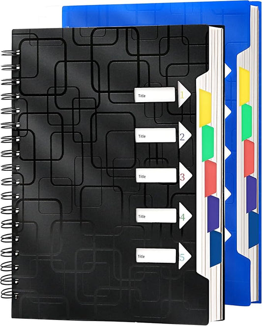 CAGIE 2 Pack Spiral Notebooks College Ruled Total 480 Pages 5 Subject Notebook with Tabs Dividers A4 Notebooks for Work Organization Note Taking School, Black& Blue, 8.5x11