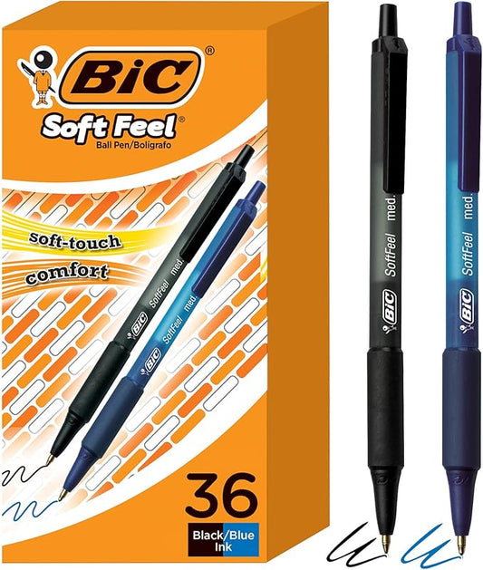 BIC Soft Feel Assorted Colors Retractable Ballpoint Pens, Medium Point (1.0mm), 36-Count Pack, Black and Blue Pens With Soft-Touch Comfort Grip, Perfect Color Pens For Note Taking